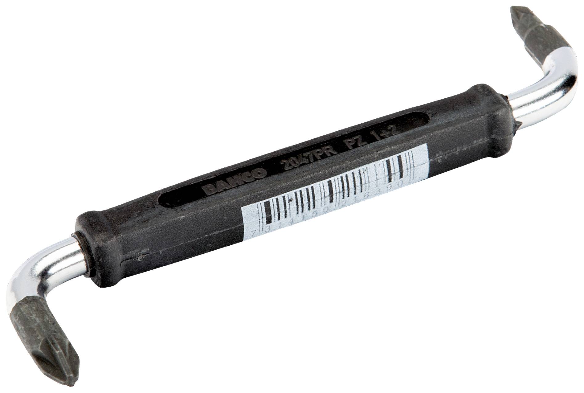 Two-sided screwdriver with a black handle and cross-head tips at both ends, suitable for different screw types.