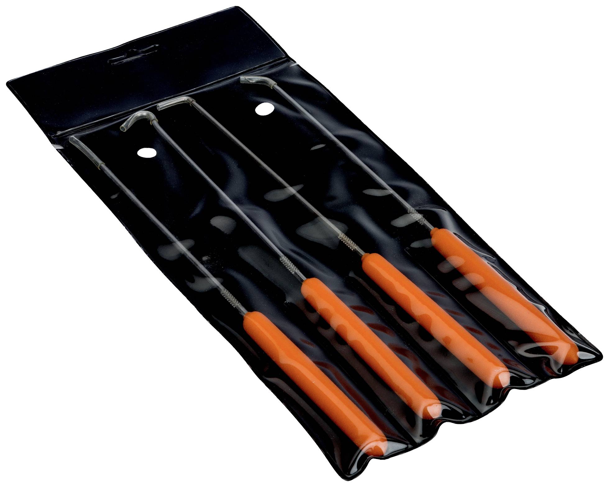 Four orange-handled hooks arranged in a black plastic sleeve.