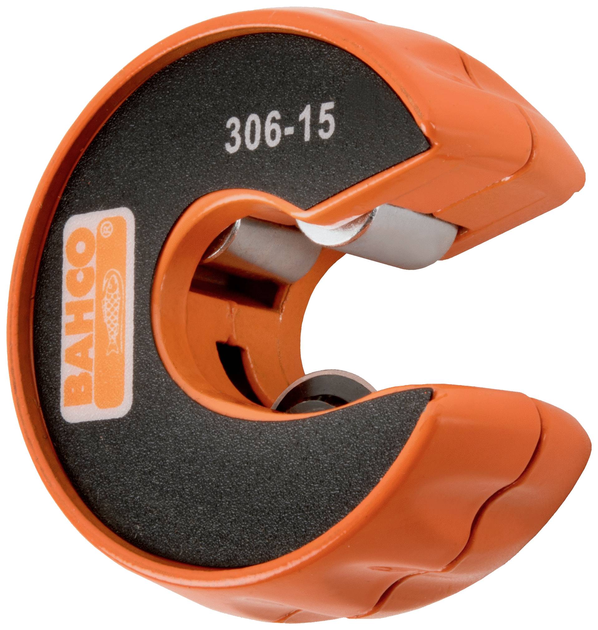 An orange pipe cutter by Bahco, model 306-15, specifically designed for cutting pipes.