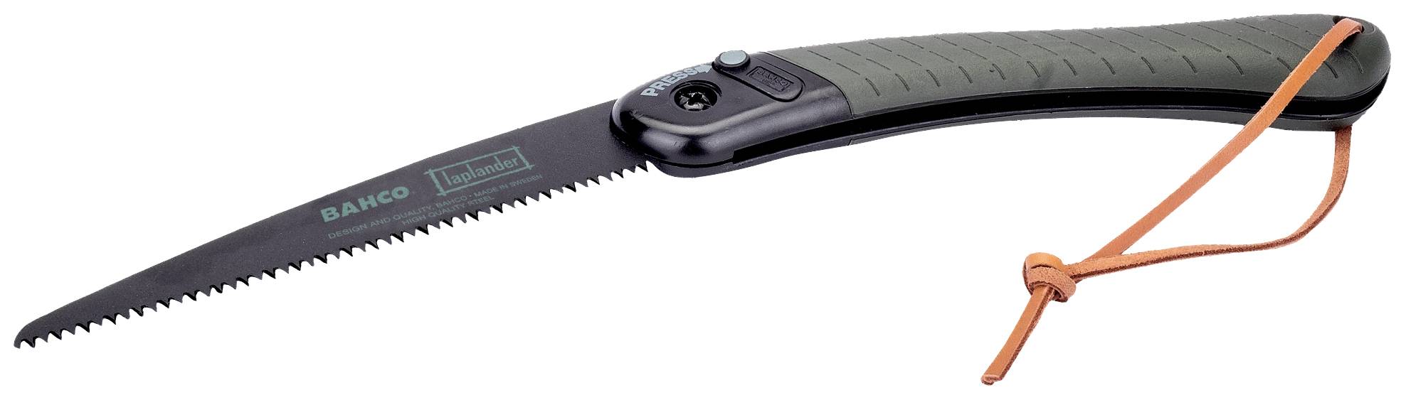 Foldable handsaw with a green handle and an orange loop for hanging, suitable for outdoor woodworking.