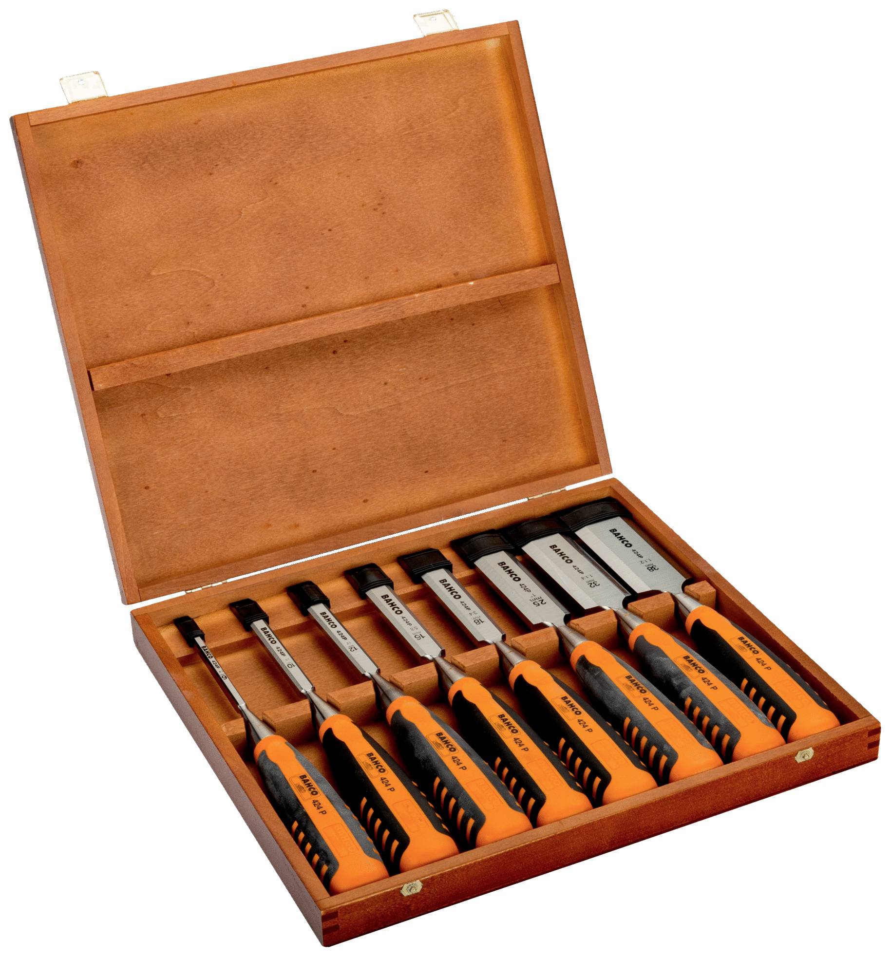 A set of eight chisels with black and orange handles in an open wooden box.