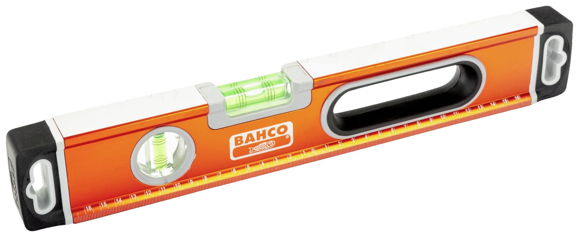 Spirit level by Bahco with an orange casing and visible bubble, used for measuring horizontal and vertical alignment.