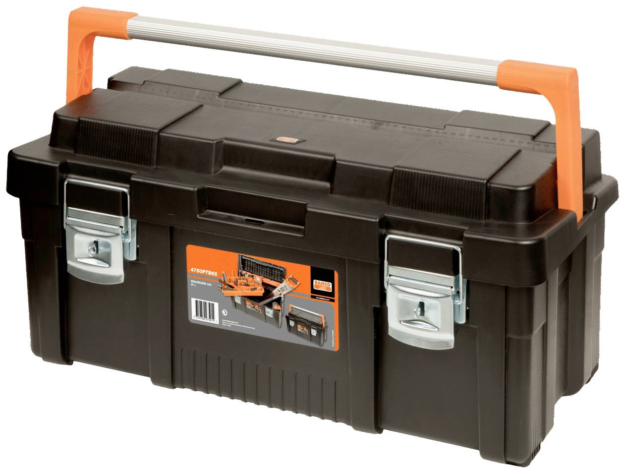 Black toolbox with an orange handle and metal clasps, sticker featuring an image of an open toolbox on it.