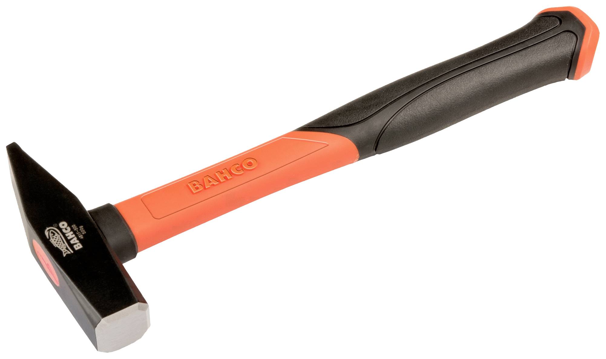 A hammer with an orange handle and black head is lying on a white background.