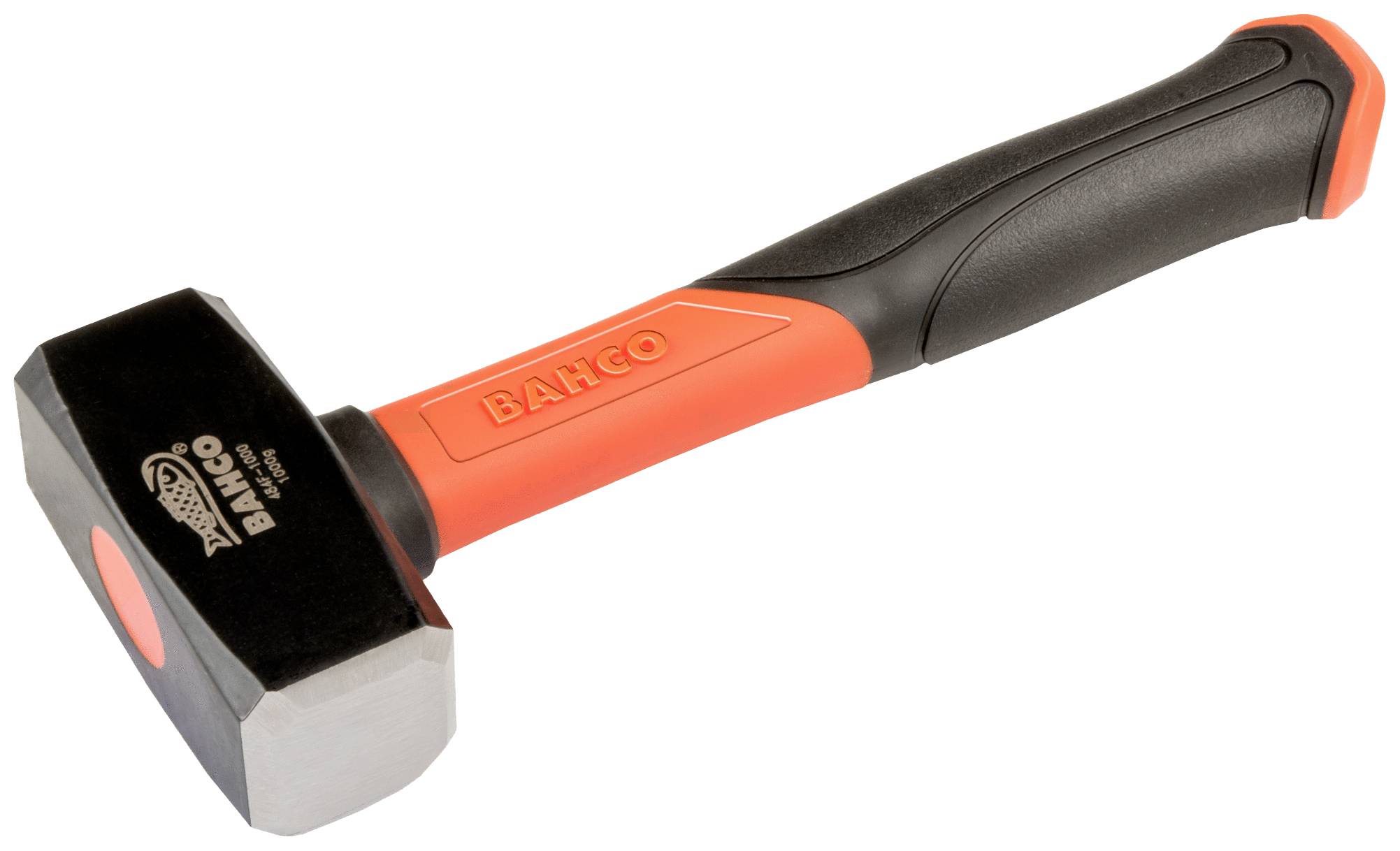 A hammer with a black head and orange handle, suitable for heavy-duty work.