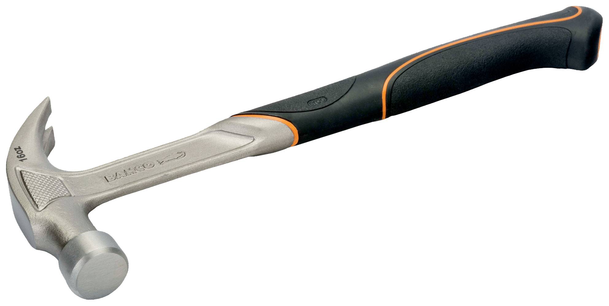 A silver hammer with a black and orange handle lies horizontally.