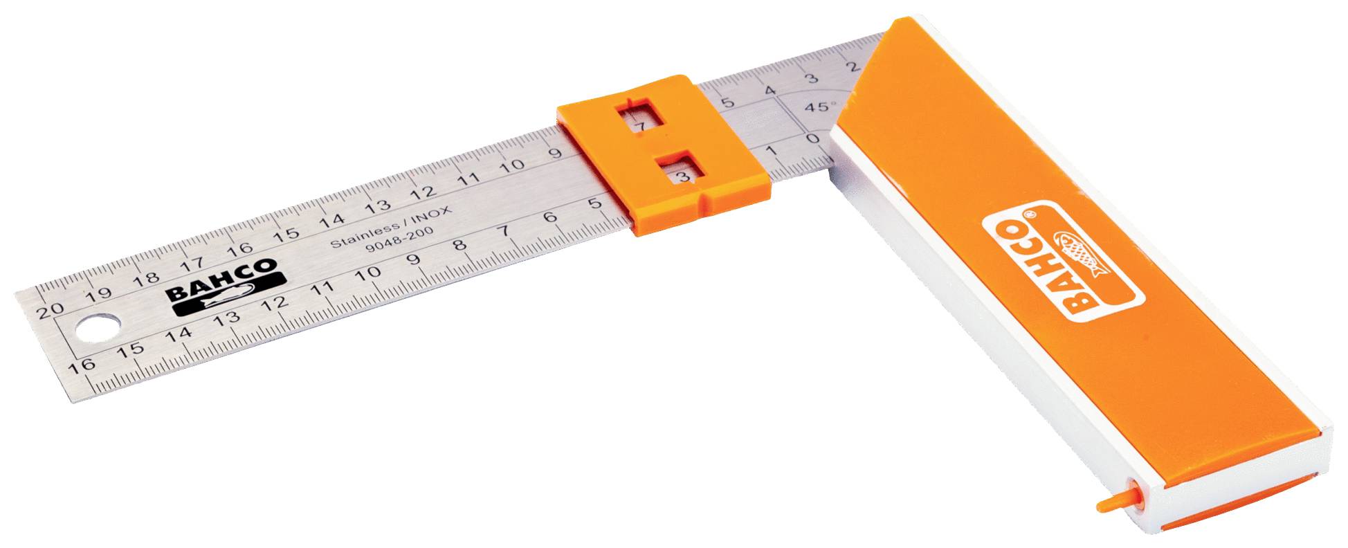 A Bahco orange and white metre rule, unfolded at a 90-degree angle, with clearly visible centimetre and inch markings.