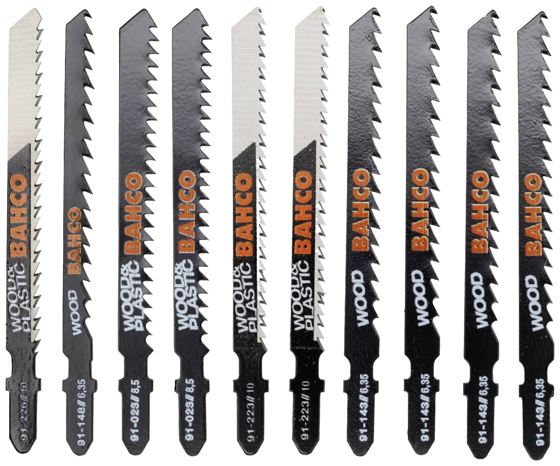 Nine jigsaw blades in different shapes and teeth, Bahco brand, for materials such as wood and plastic.