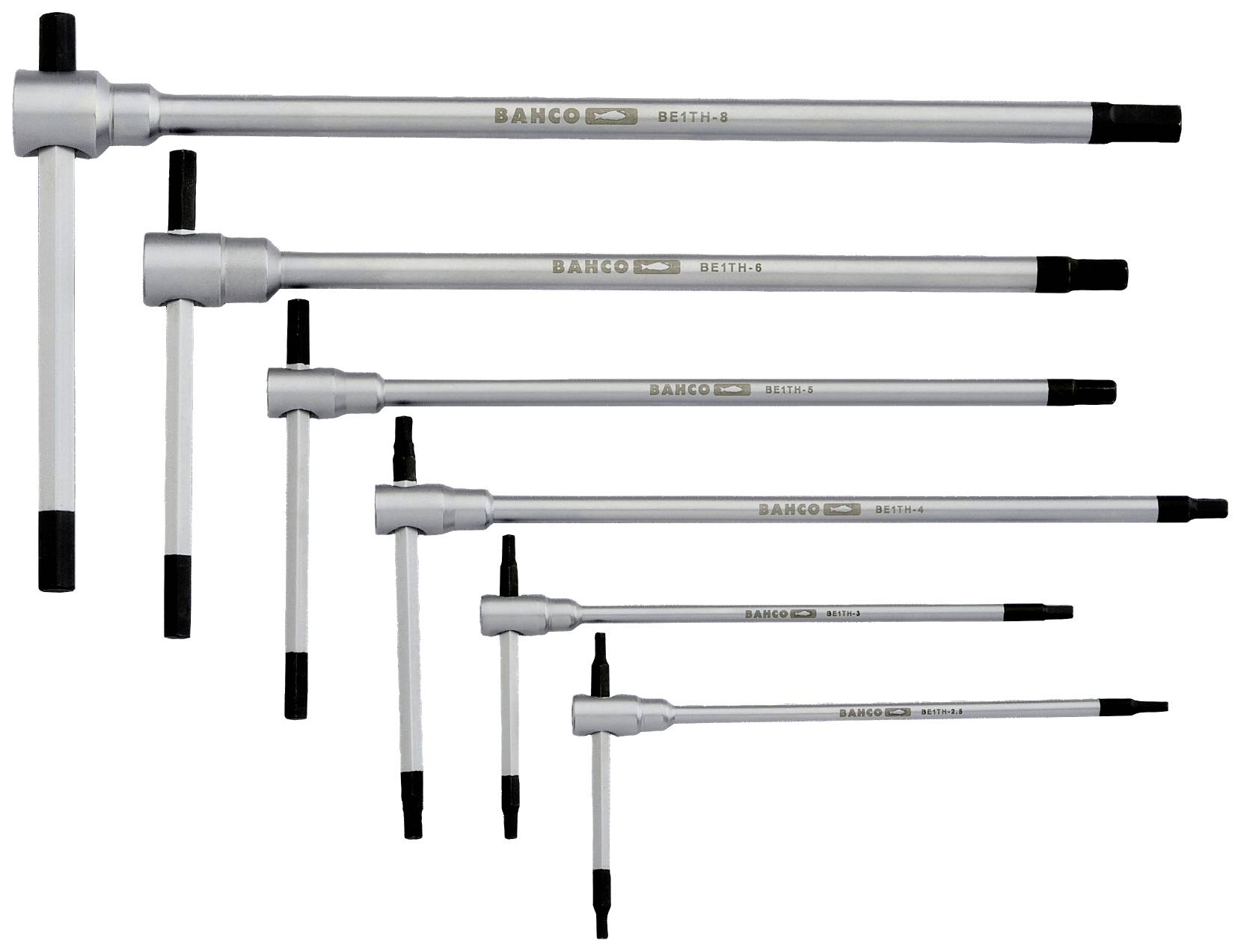 Set of seven silver T-key tools in various sizes, evenly graduated.