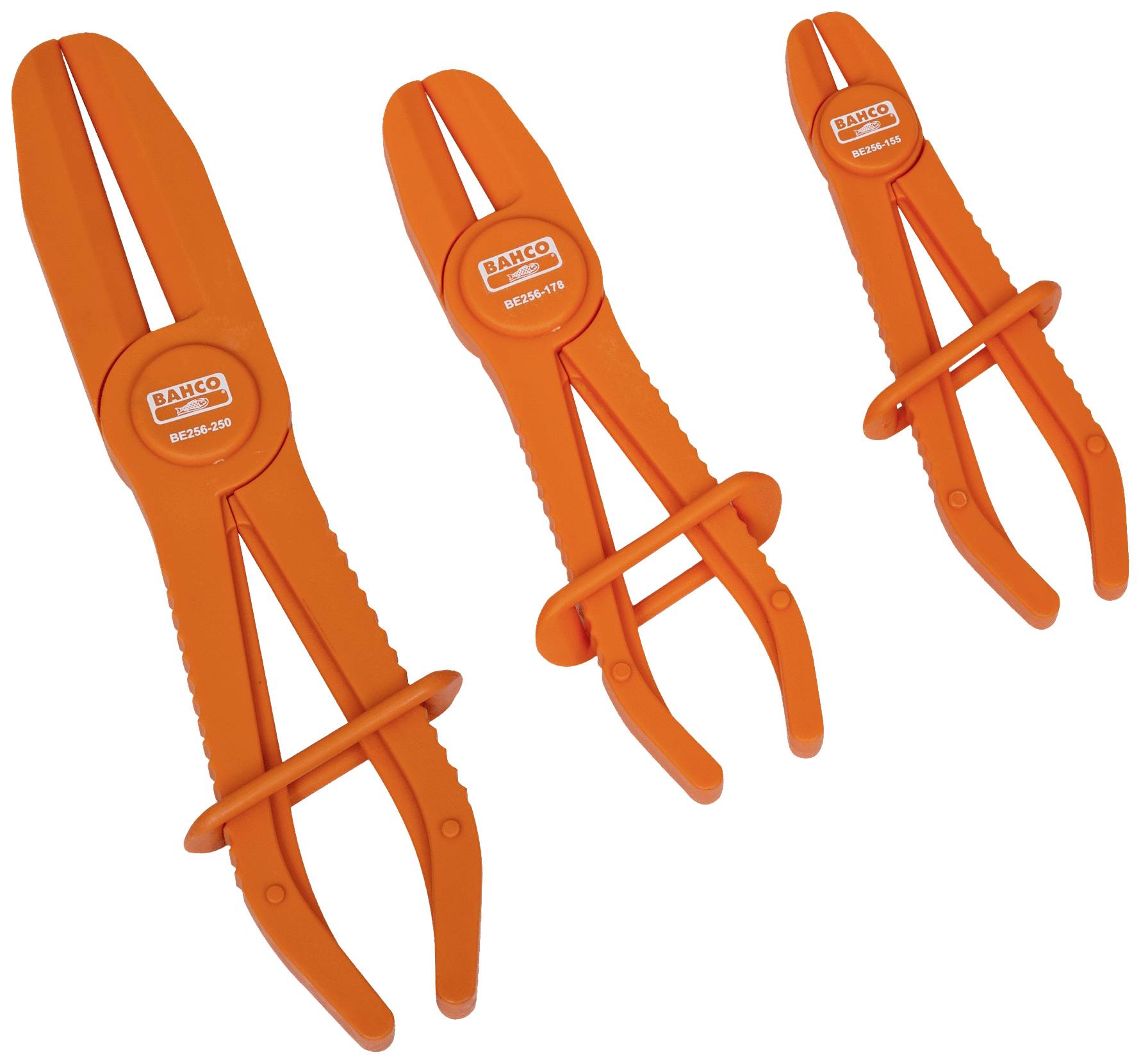 Three orange pipe wrenches of varying sizes by Bahco, arranged side by side on a white background.