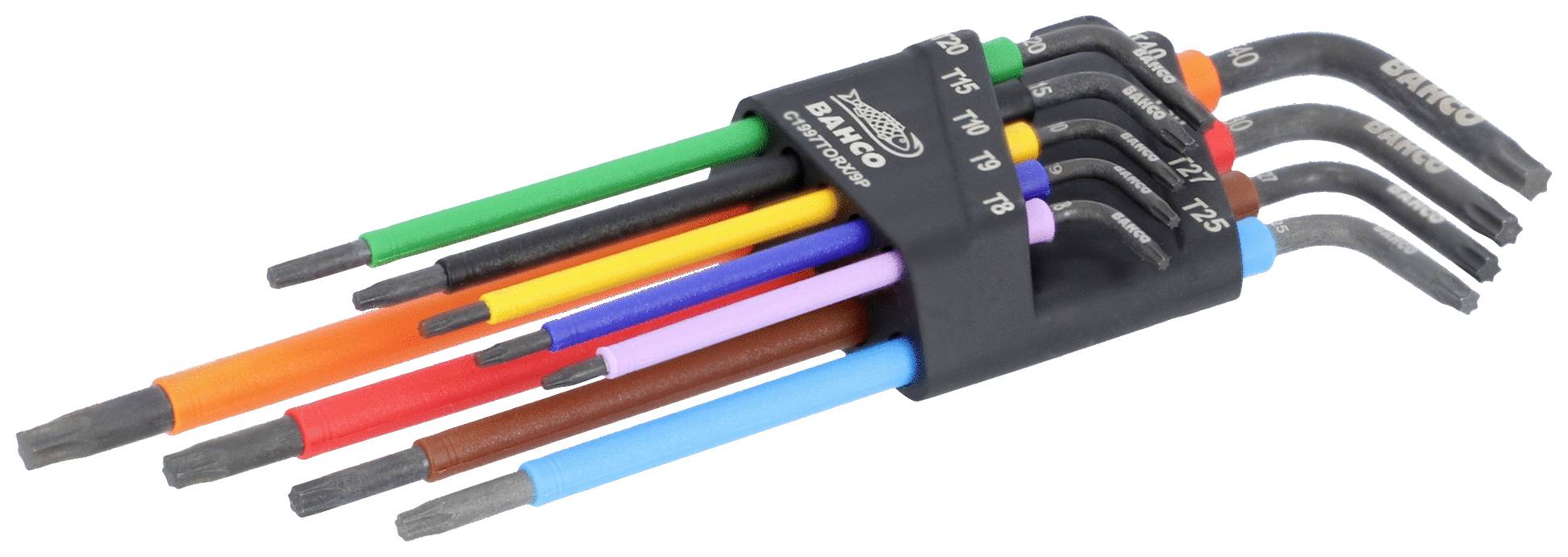 A set of colourful Torx keys in various sizes, arranged in a black holder.