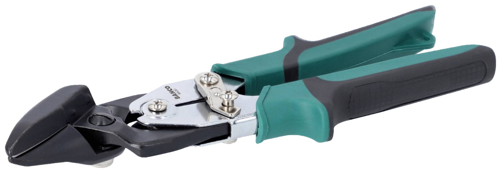 Metal shears with green handles, black cutting blade, used for cutting metal sheets.