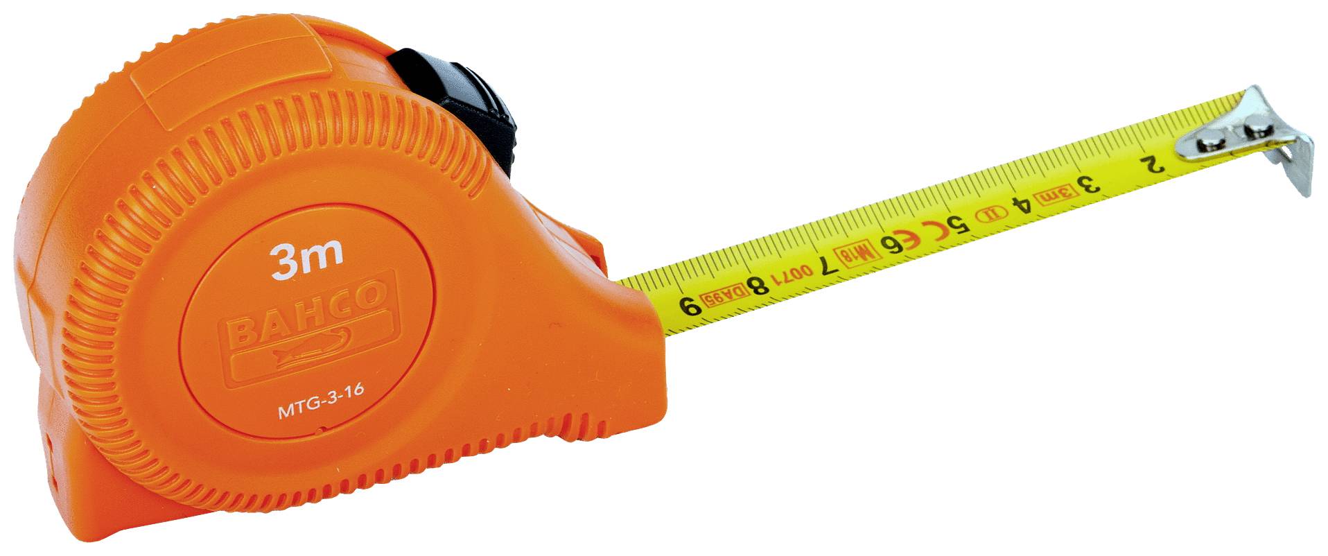 Orange tape measure with 3 metre length. The tape is yellow with a black scale and red marking at every decimetre.