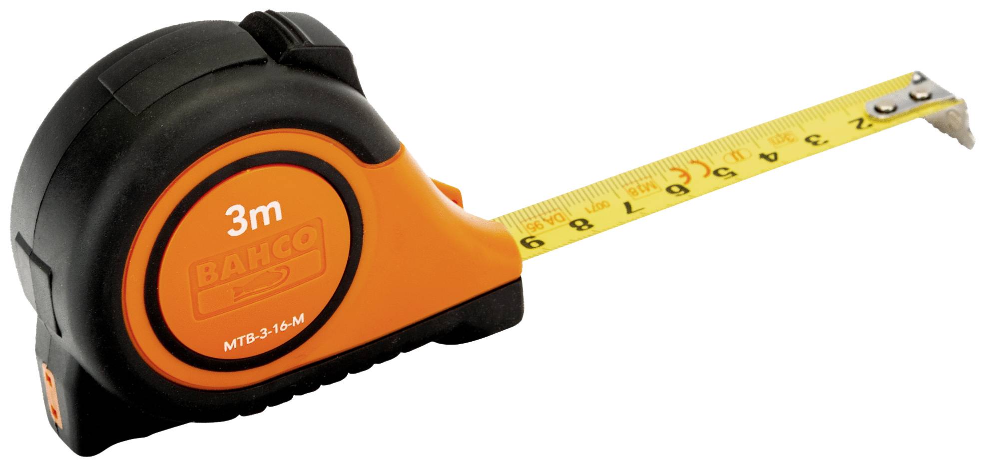 An orange tape measure with a black casing is partially extended. The casing is marked with '3m'.