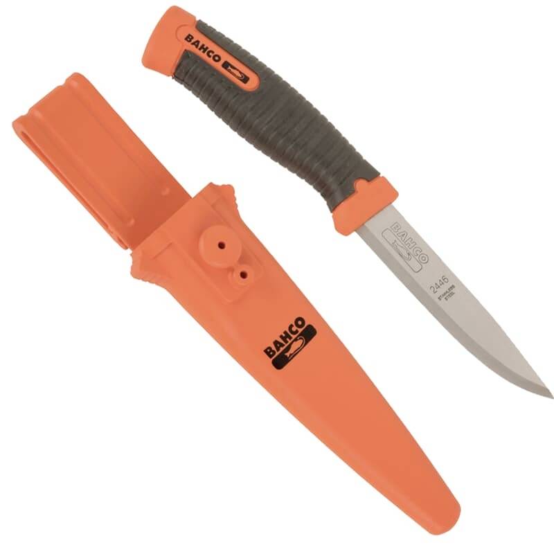 A black and orange knife with a serrated blade, alongside a matching orange sheath.