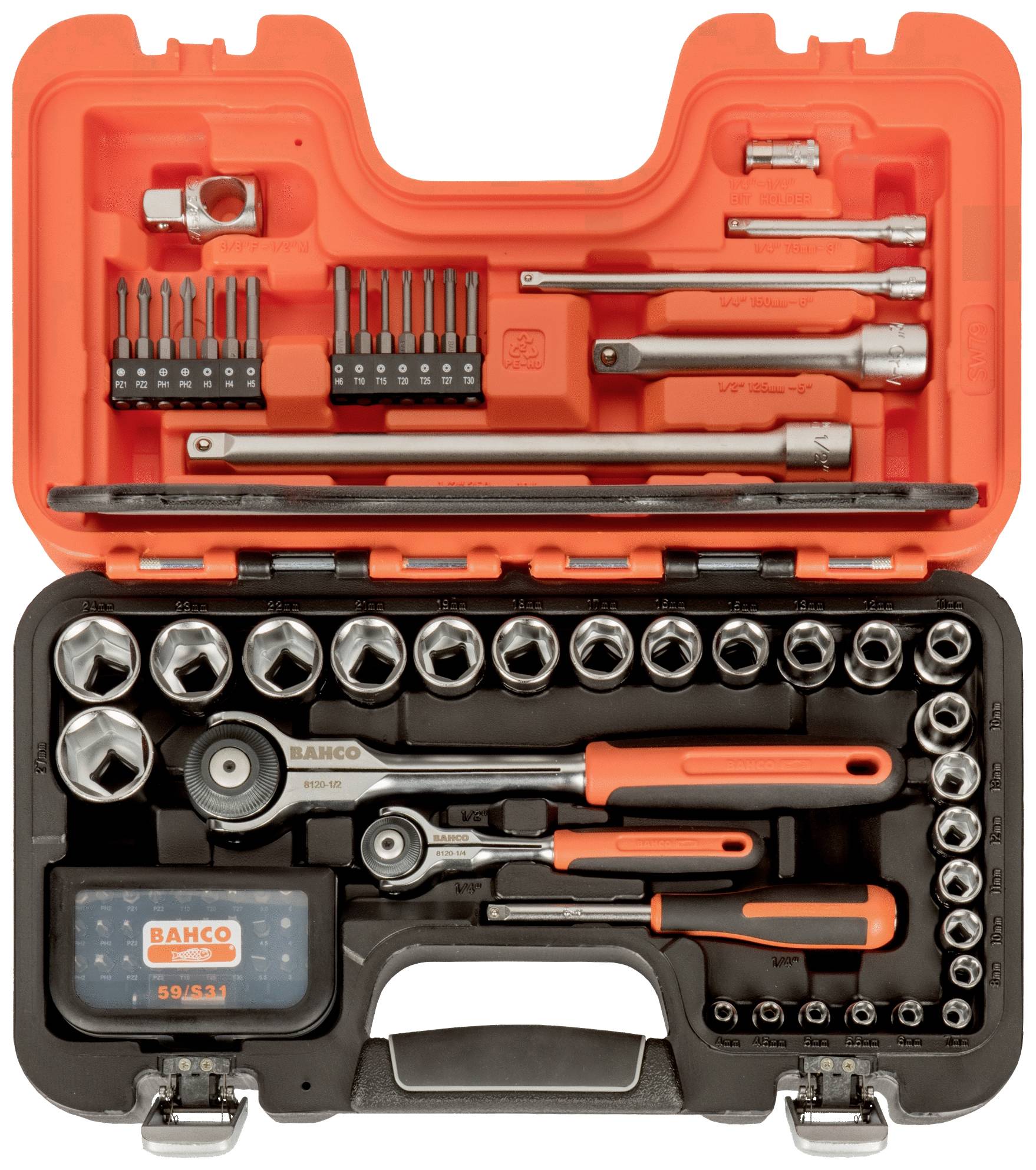 An open tool case with various socket wrenches, screwdrivers, and bits. The tools are carefully arranged.