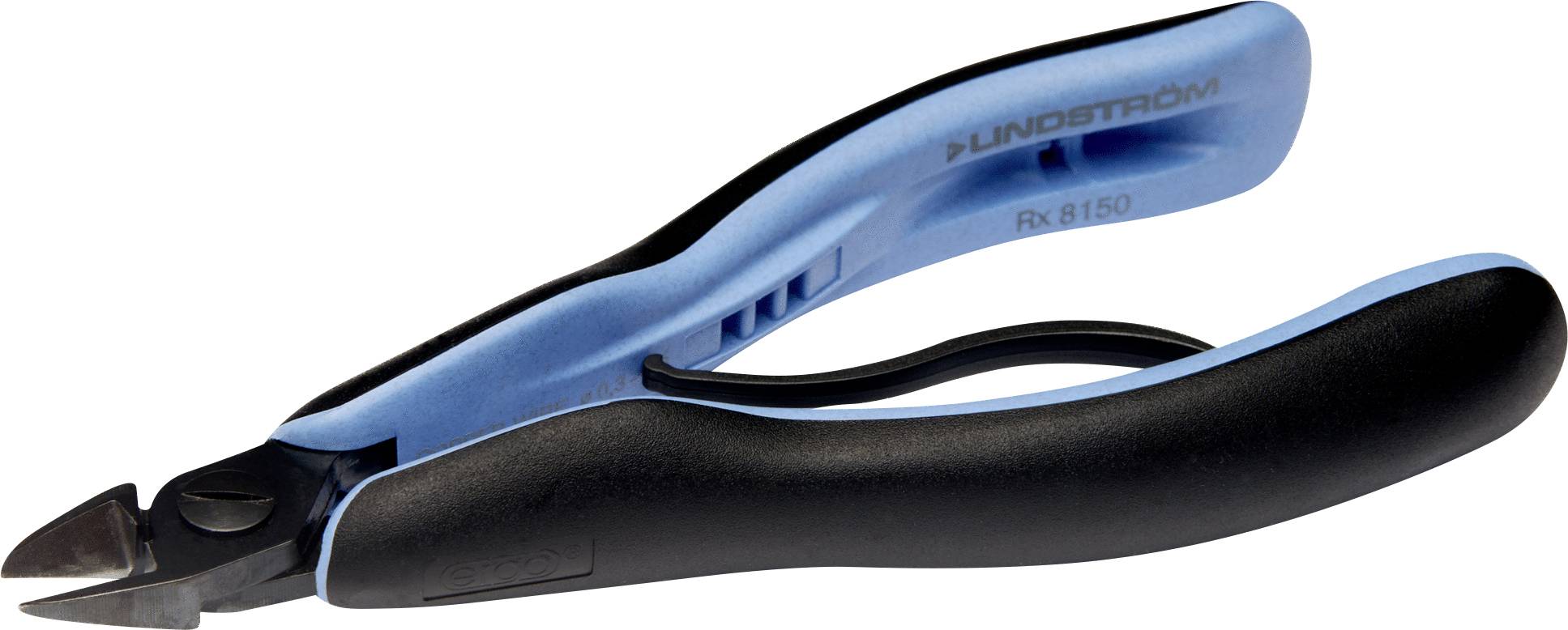 Diagonal cutting pliers with blue and black handles, labeled with 'Lindstrom Rx 8150' on the side. Suitable for precision cutting tasks.