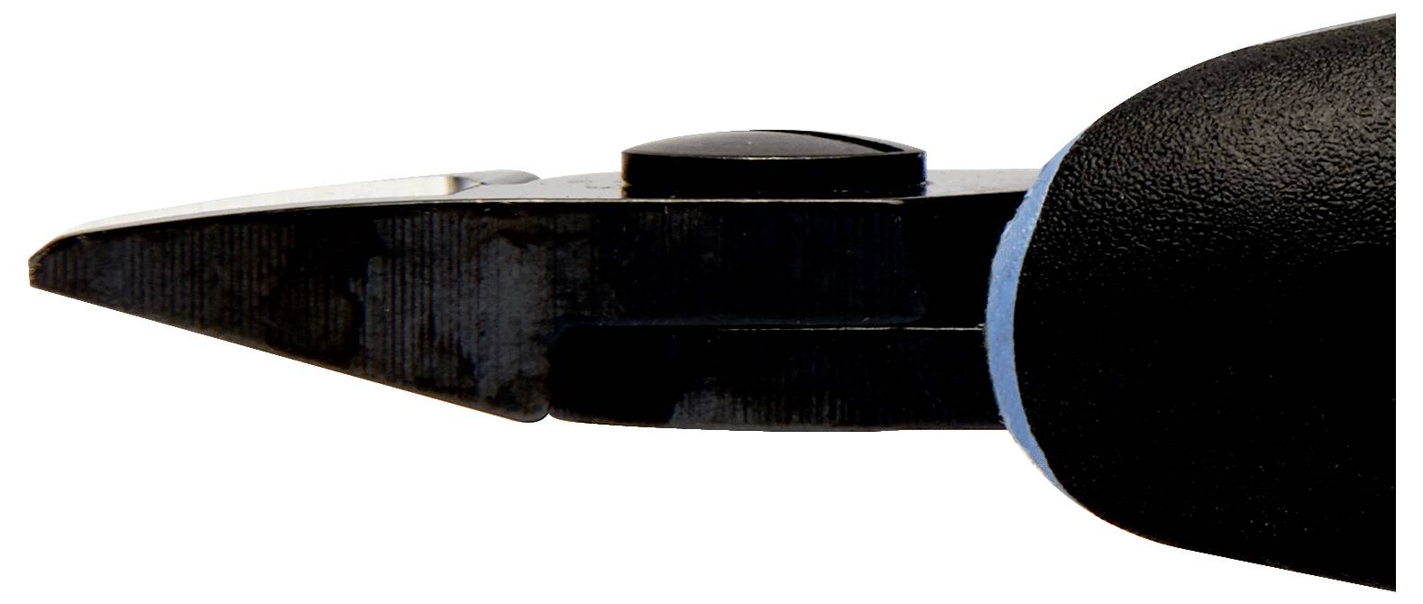Close-up of black cutting pliers with a sharp metal blade, focusing on the tool's tip and handle.