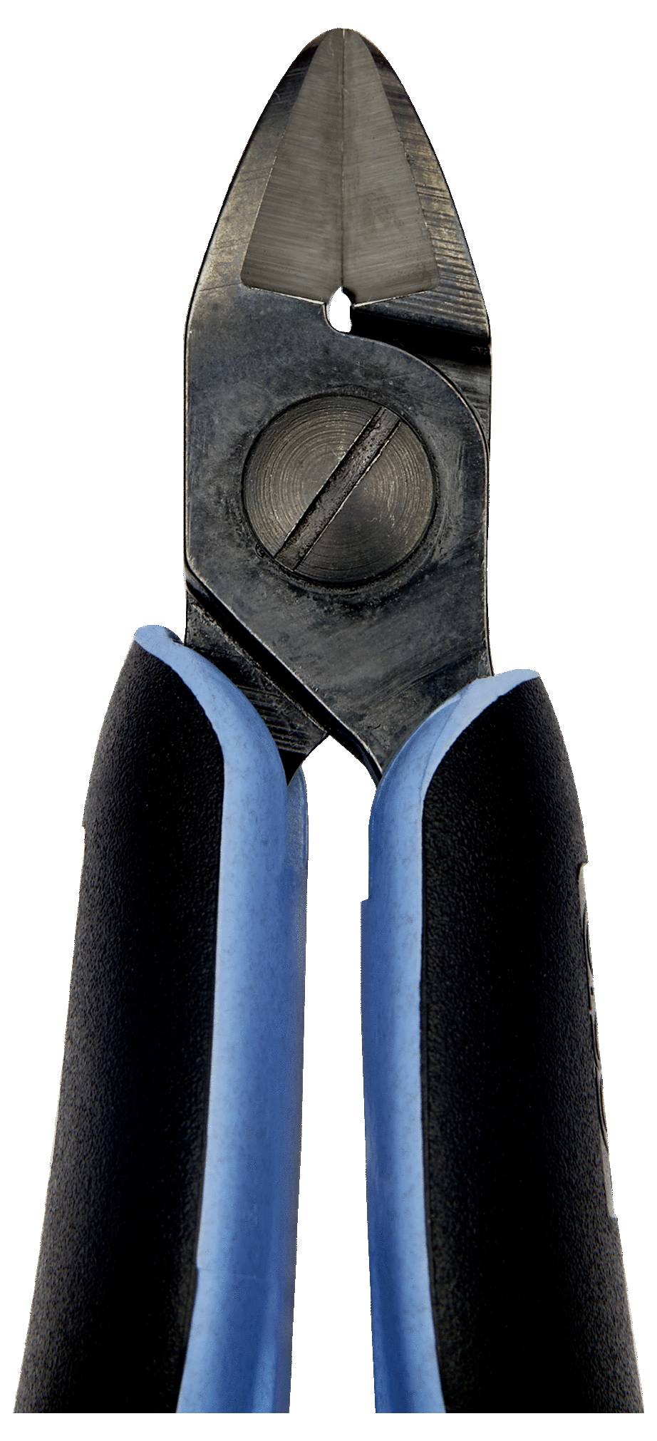 Close-up of blue and black wire cutters with metallic blades open, showing the central screw mechanism.