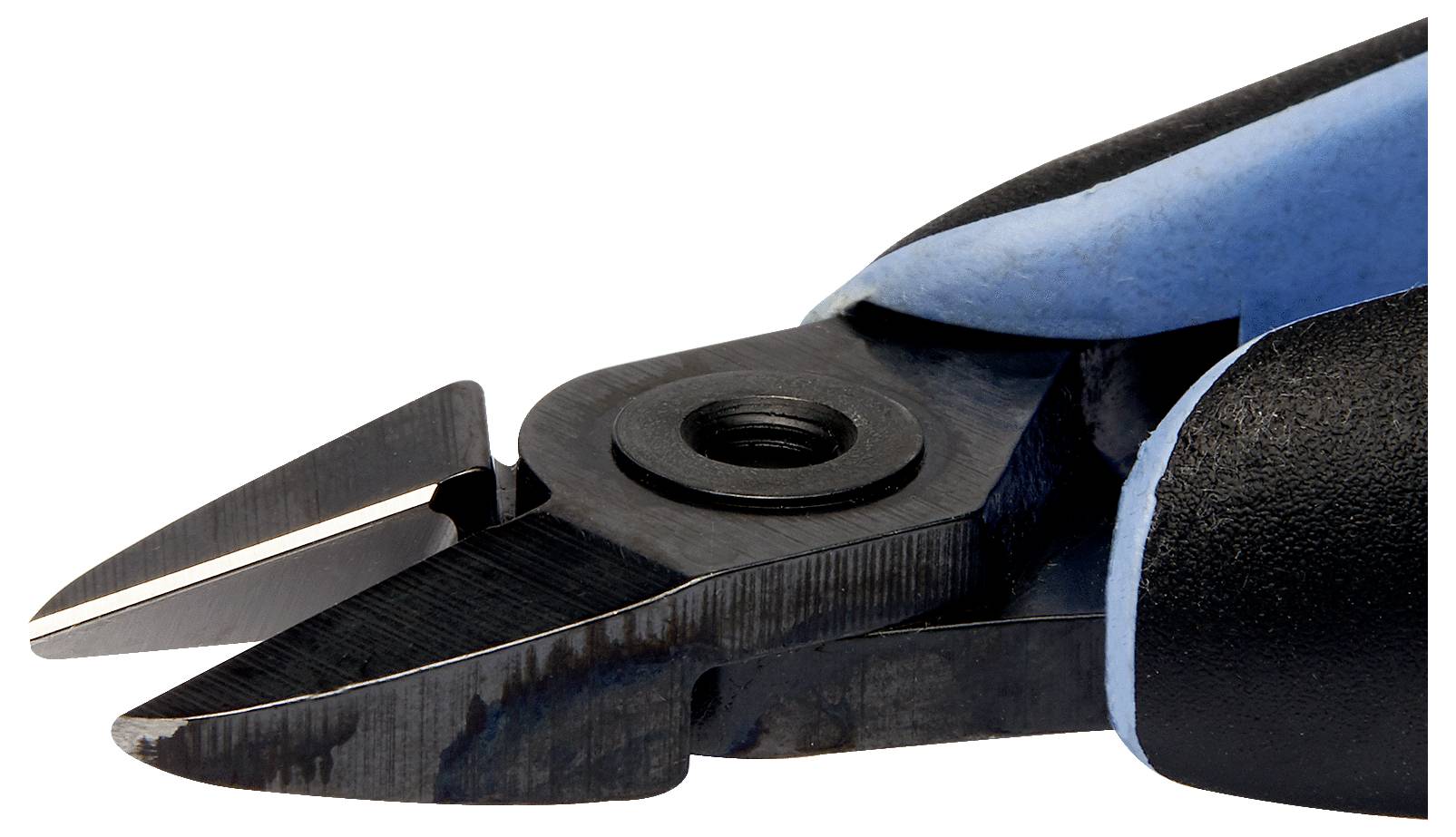 Close-up of a pair of blue-handled wire cutters, showing the sharp, angled blades designed for cutting wires accurately.