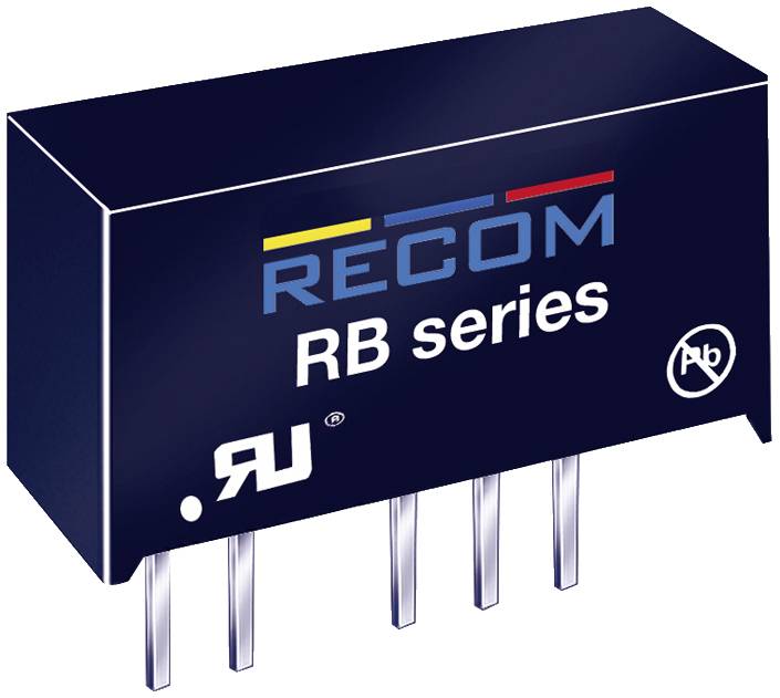 A black electronic component by 'RECOM', RB series. Rectangular shape with four silver terminals at the bottom.