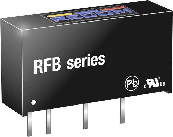 An electronic component from the 'RFB Series' with four metal pins, suitable for circuit mounting, featuring logos on the front side.
