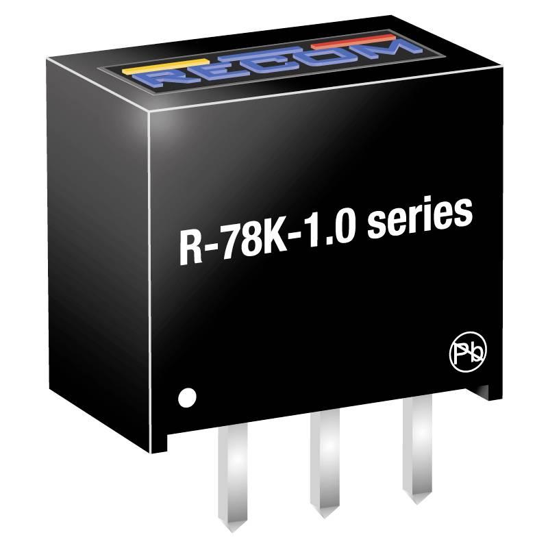 Black voltage regulator from the R-78K-1.0 series with three pins, white labelling on top, rectangular shape.