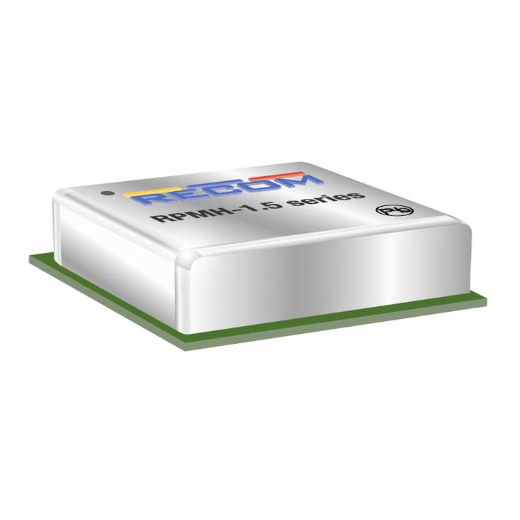 Silver-coloured electronic component with the inscription 'RECOM RPMH-1.5 series' mounted on a green base; for electronic applications.