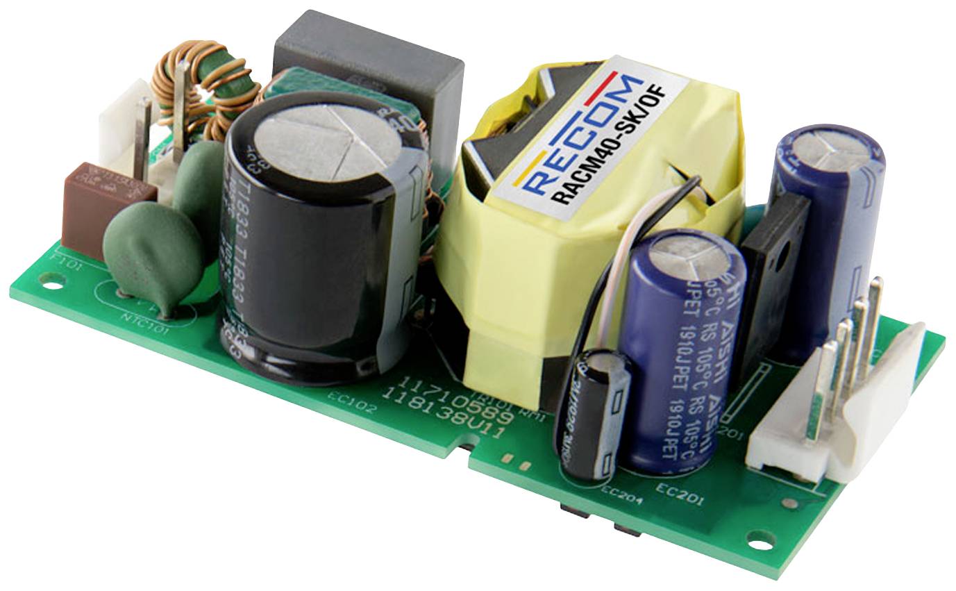 An electronic circuit board with various components such as capacitors and transformers, marked with 'RECOM RACM40-SK/OF'.