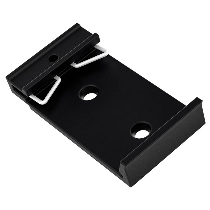 A black metal clip with two holes and a silver wire hook for fastening, presumably for a mounting or suspension bracket.