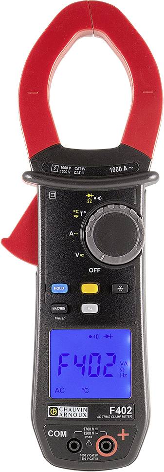 A digital clamp ammeter with a red clamp and blue-illuminated display, showing 'F402' and measurement values.