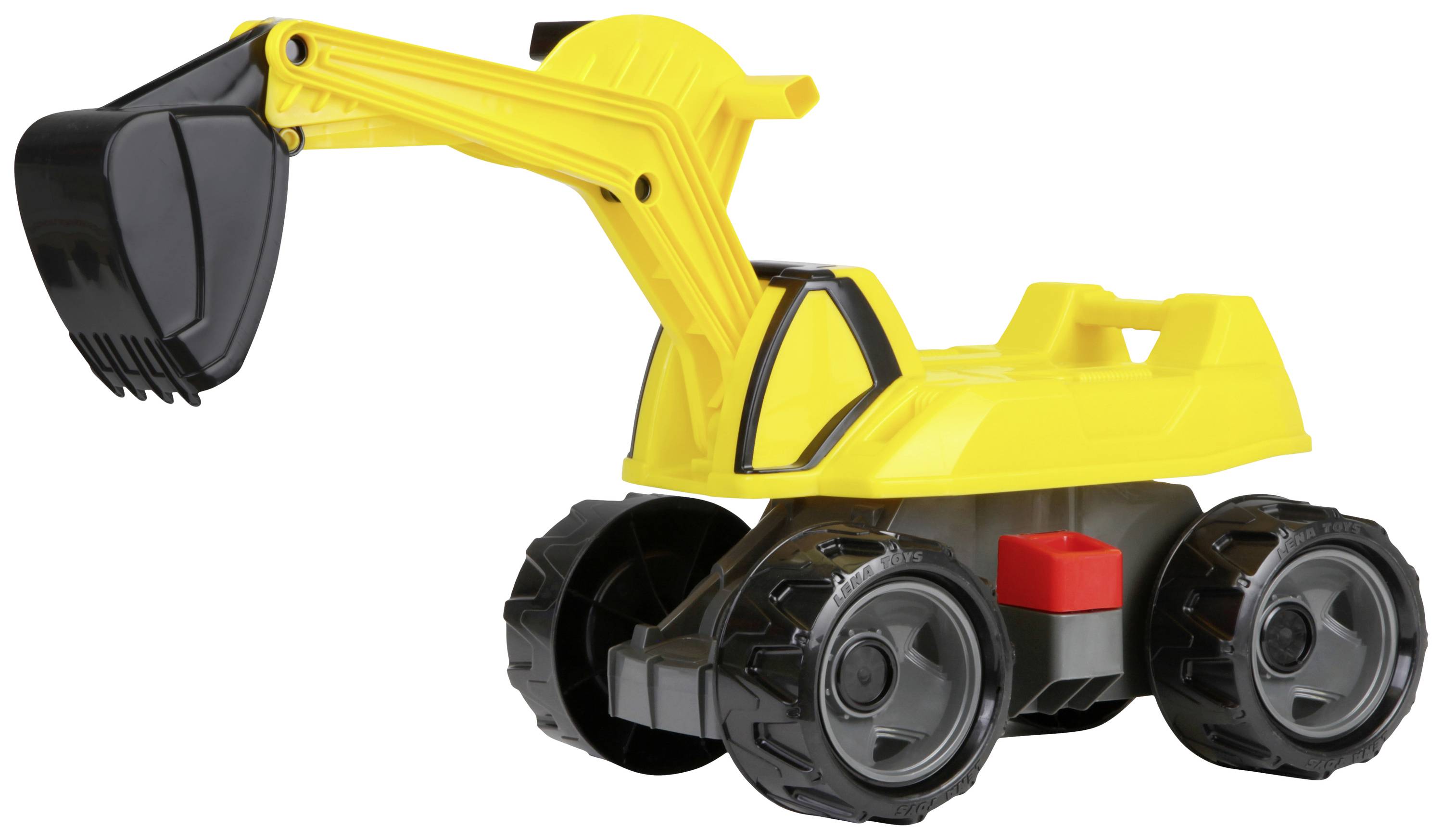 A yellow toy construction vehicle with black wheels and a movable arm with a shovel, set against a white background.
