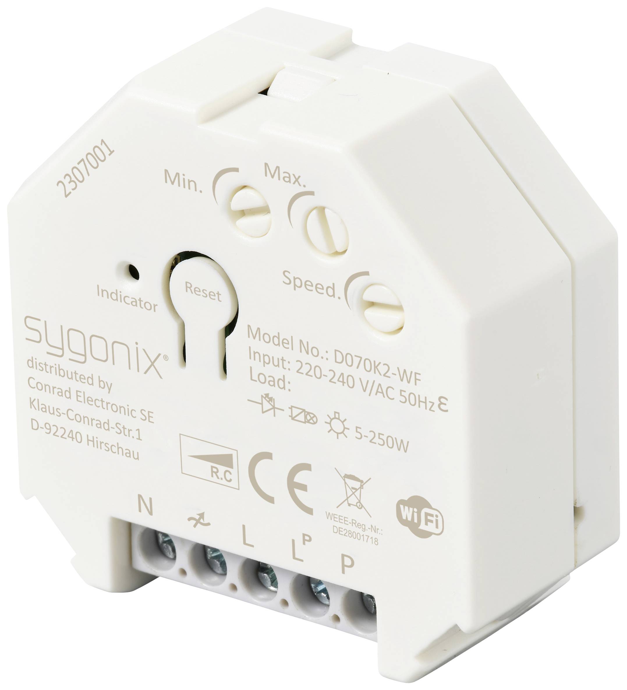 A switching module with the inscription 'sygonix', model number D070K2-WF. Shows connection terminals and details of current and voltage ratings.