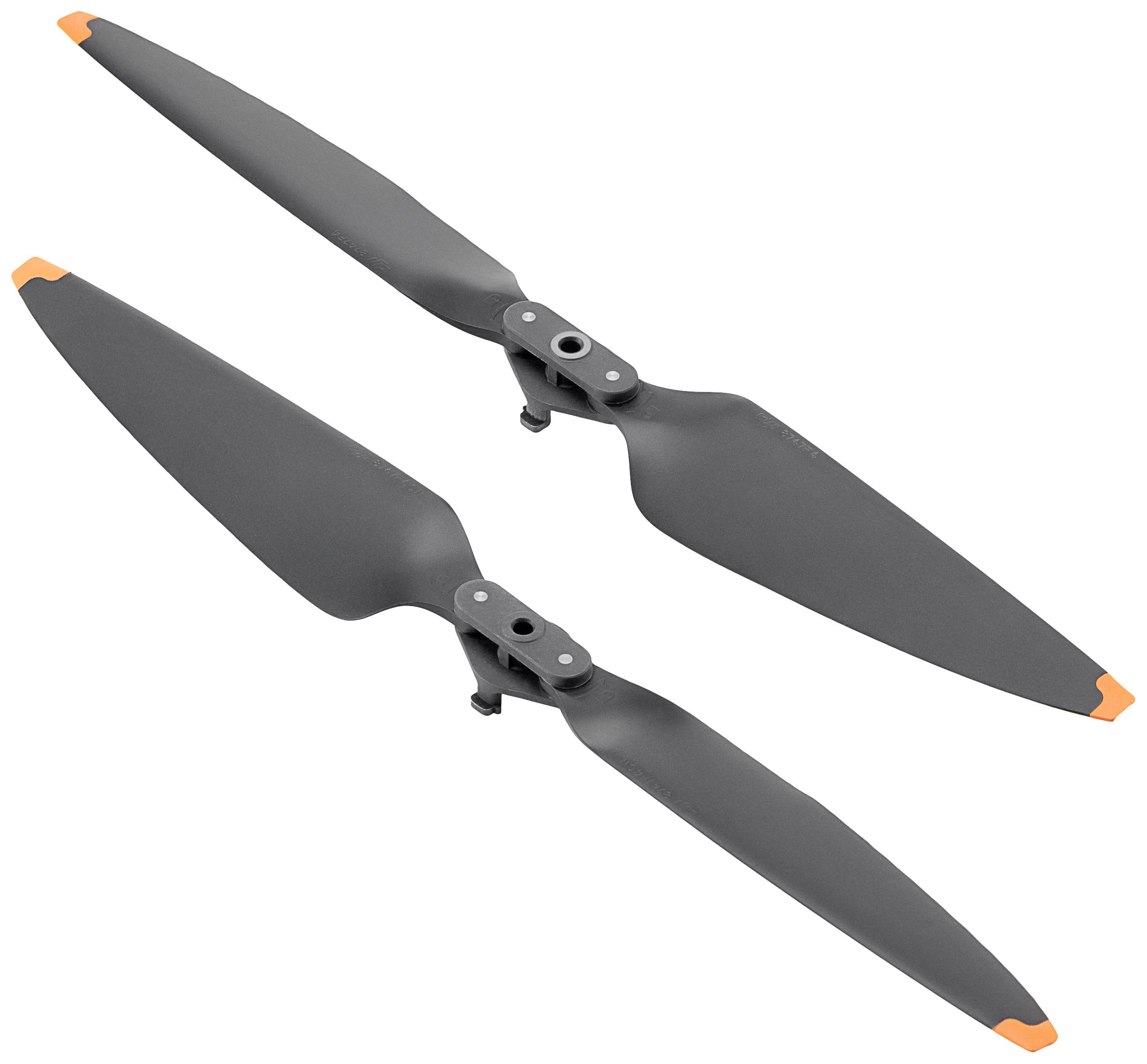 Two black drone propellers with orange tips on a white background.