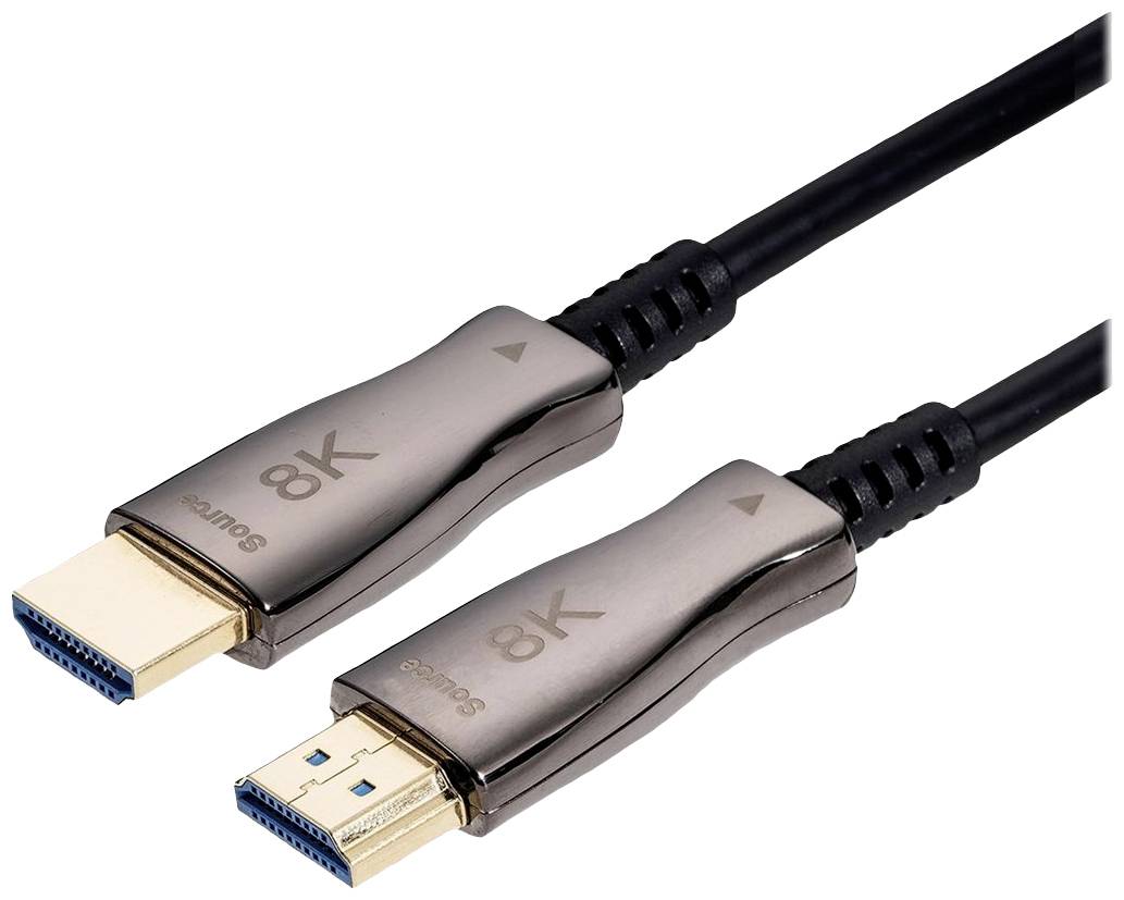 Two black HDMI cables with gold-plated connectors and '8K Source' labelling. Suitable for 8K video transmission.