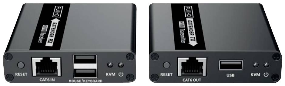 '2-Port KVM Switch' shows two black boxes with Ethernet and USB ports for controlling multiple computers from a single workstation.