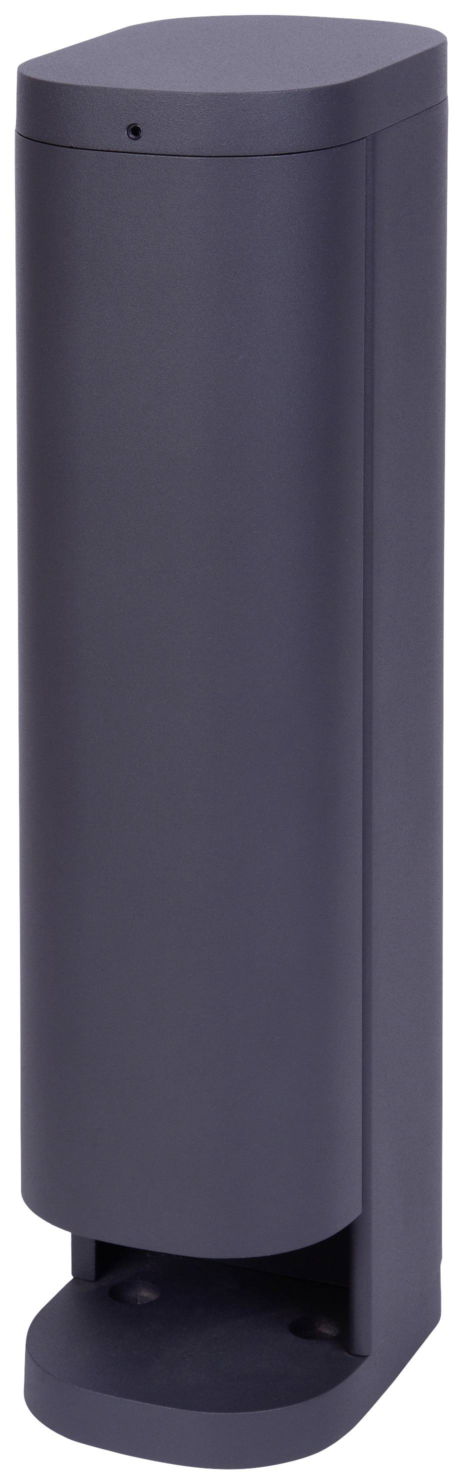 A dark grey cylindrical hand sanitiser dispenser with a sensor for touchless operation. Stands upright on smooth flooring.
