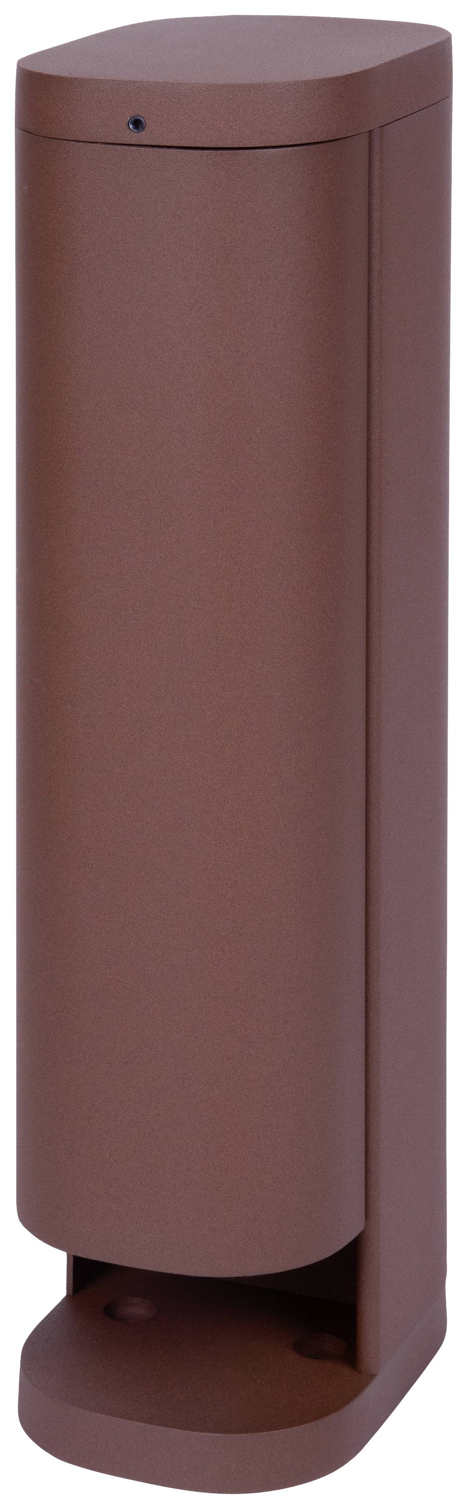 A brown, cylindrical rubbish bin with a rounded lid and foot pedal stands upright.
