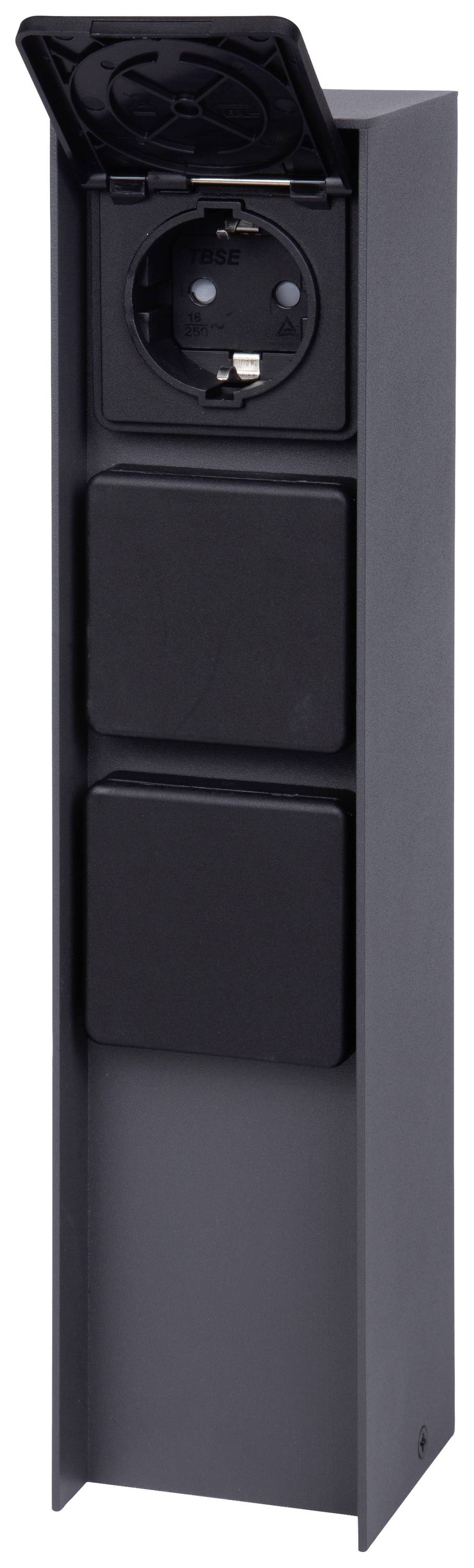 Socket column with an open socket and two closed flaps, black. Used for outdoor power supply.