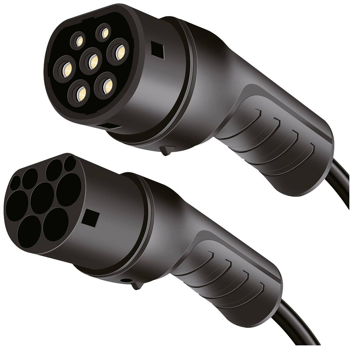 Two black electrical connectors for electric vehicles, upper one with five contacts, lower one with seven contacts.
