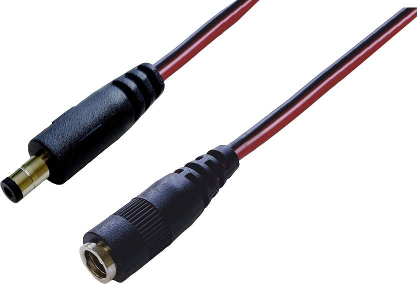 Black and red audio cable with male and female connectors for connecting audio devices.