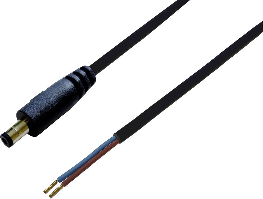 A 3.5 mm jack plug with stripped wires for electrical connections. The wires are blue and red and are left exposed.