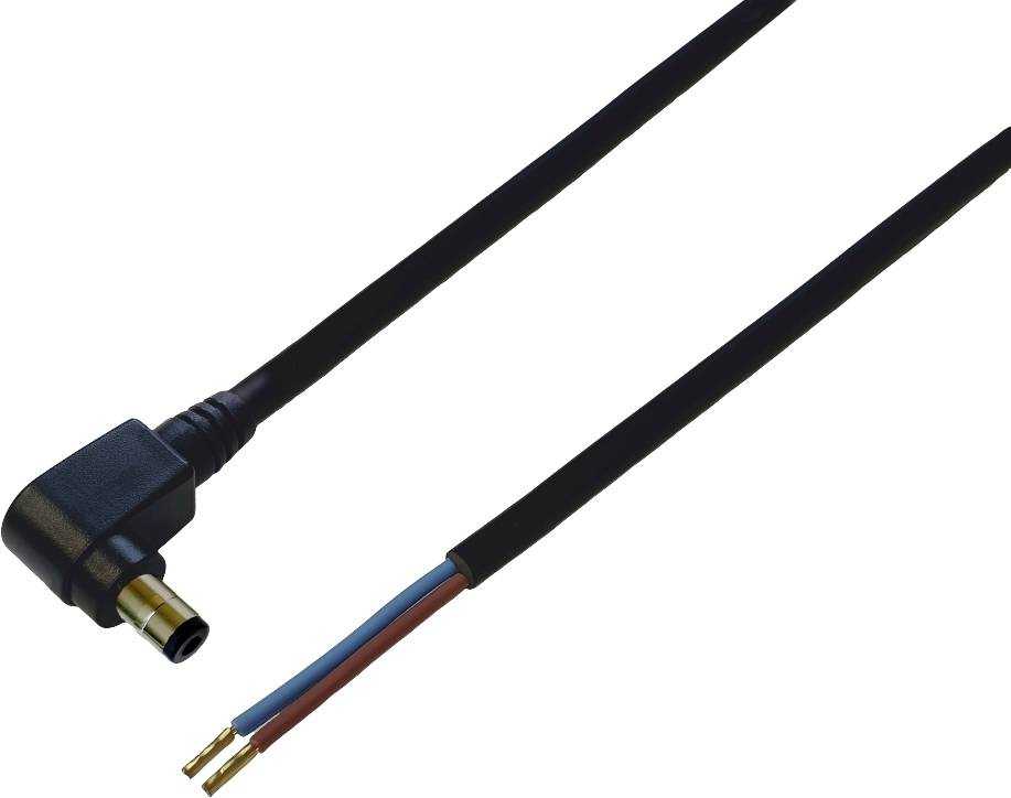 A black DC power cable with stripped red and blue wires at one end, the other end featuring a rectangular plug.