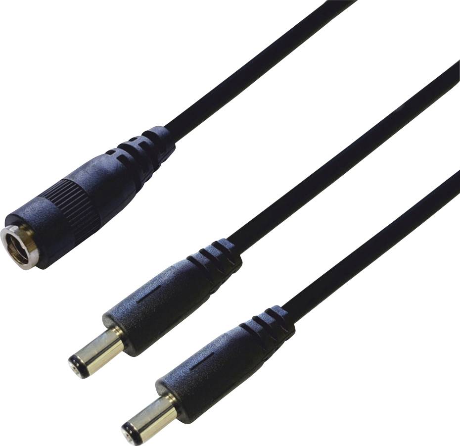 A black Y-shaped power cable adapter with two male connectors on one end and a single female connector on the other.