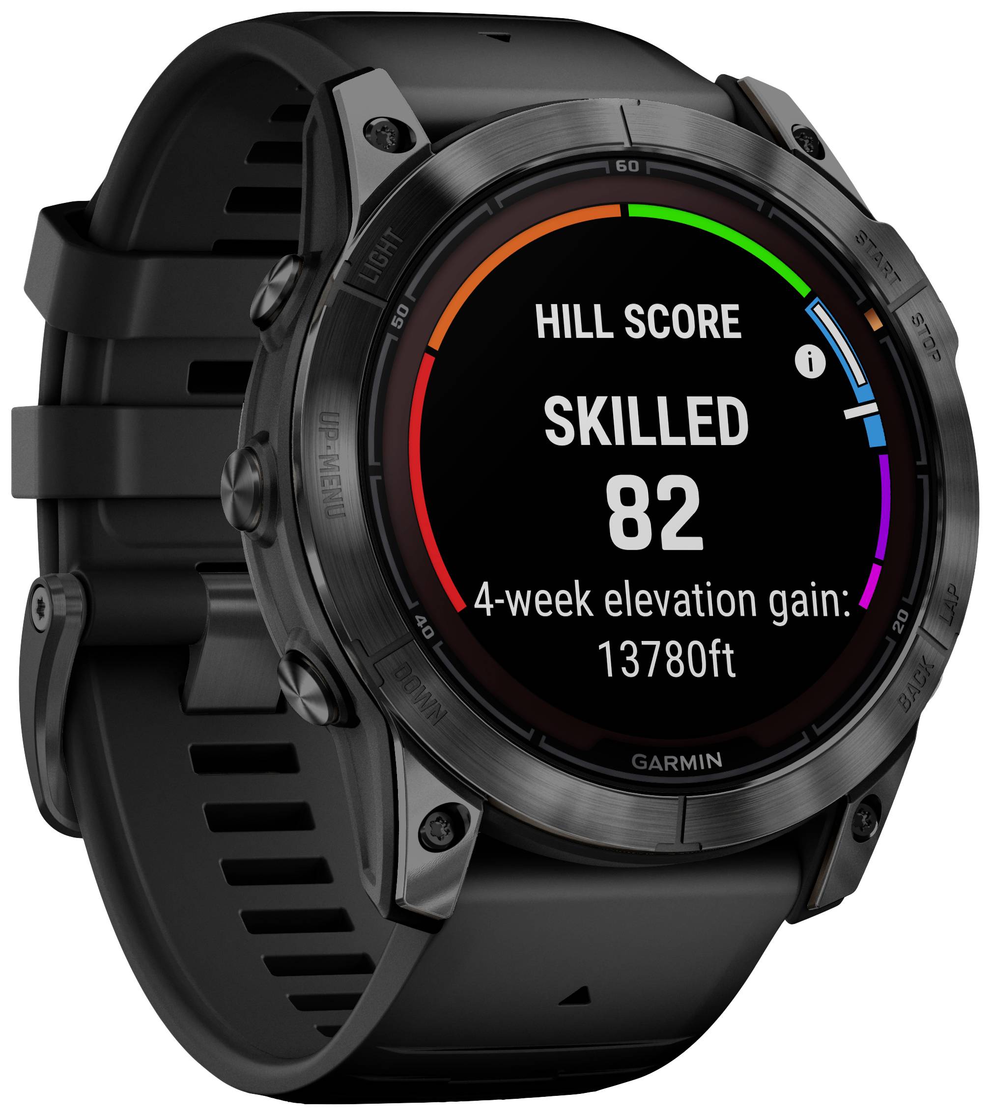 Schwarze Garmin-Uhr mit rundem Display. Zeigt: 'Hill Score', 'Skilled 82', '4-week elevation gain: 13780 ft'. Ideal für Bergsteiger.