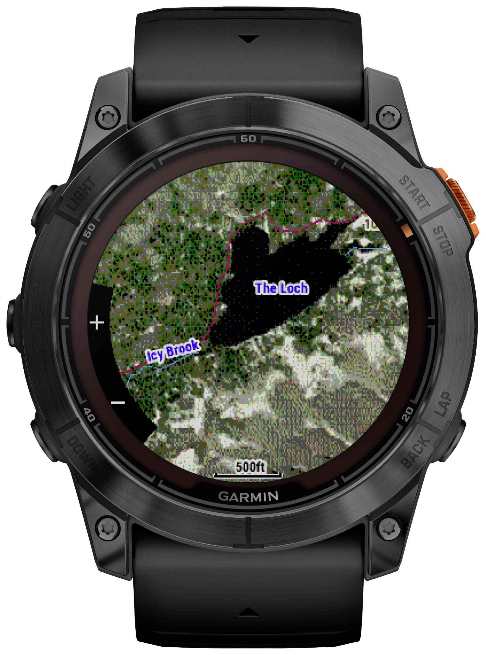 A black wristwatch displays a colourful digital map with a lake at its centre named 'The Loch' and a river called 'Icy Brook'.
