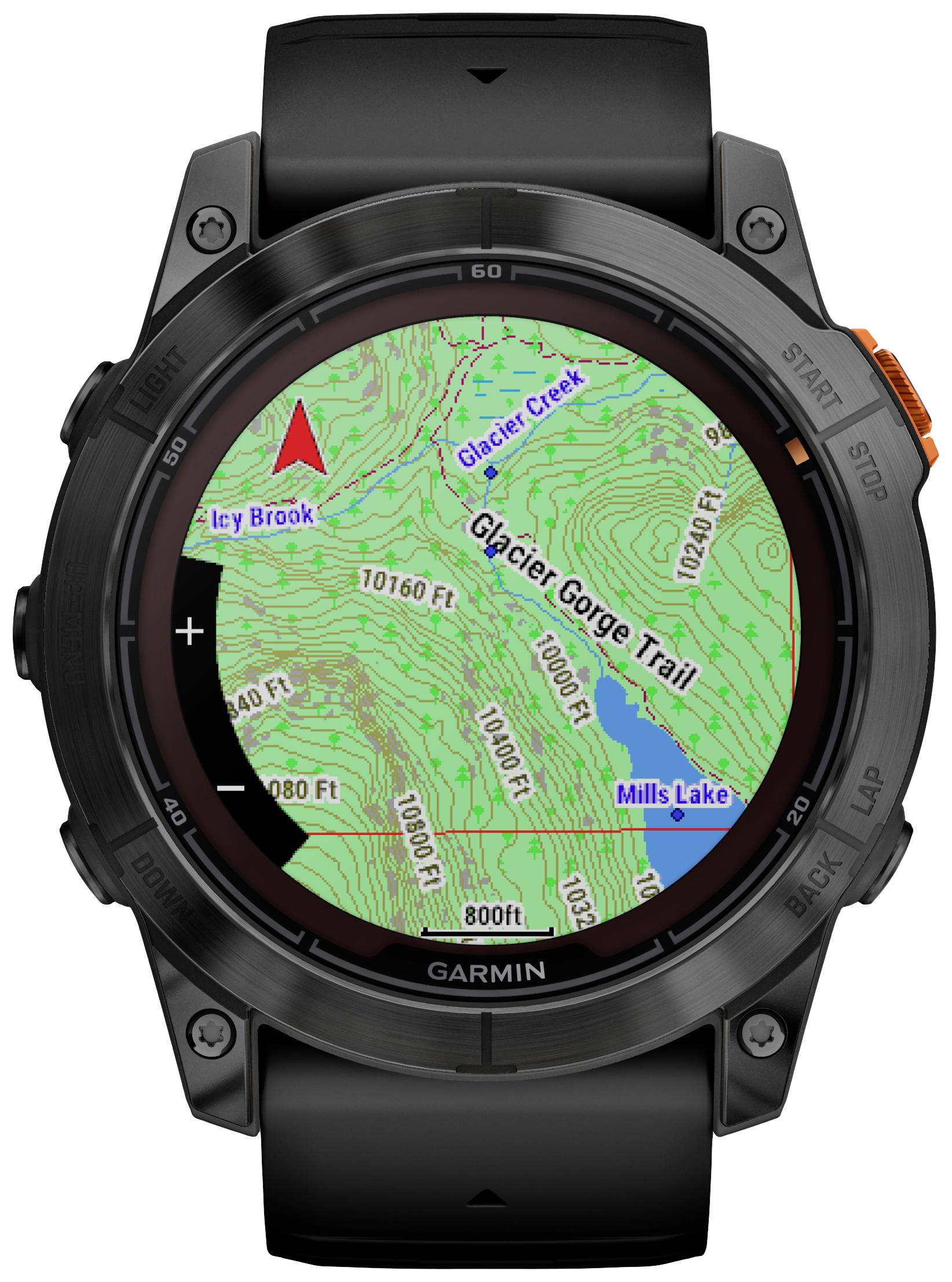 GPS watch with map of the 'Glacier Gorge Trail' route. Shows contour lines, rivers, and lakes. Arrow indicates direction of movement.