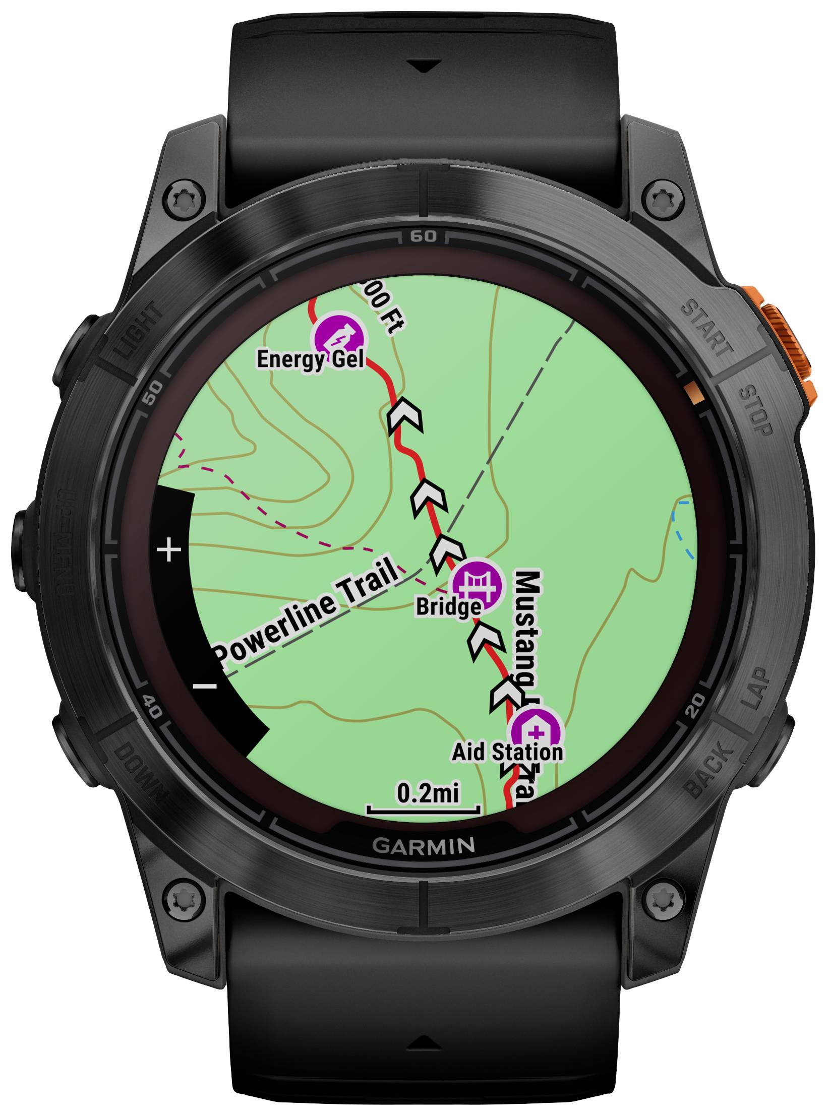 A GPS watch displays a map with a route along the 'Powerline Trail', passing by 'Bridge', 'Aid Station' and 'Energy Gel'.