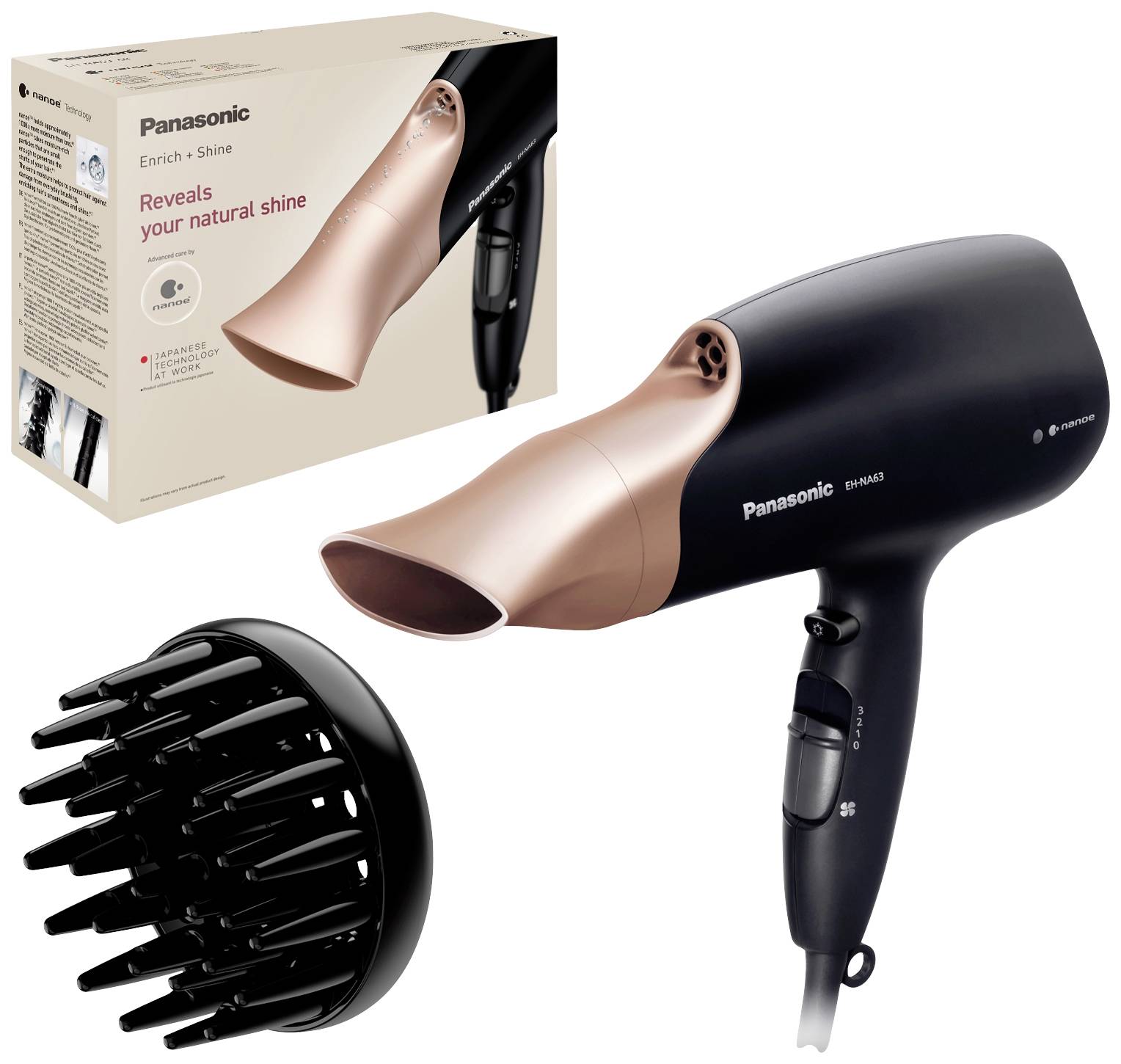 A black and copper-coloured hairdryer by Panasonic with a diffuser and packaging. Text on the packaging: 'Reveals your natural shine'.
