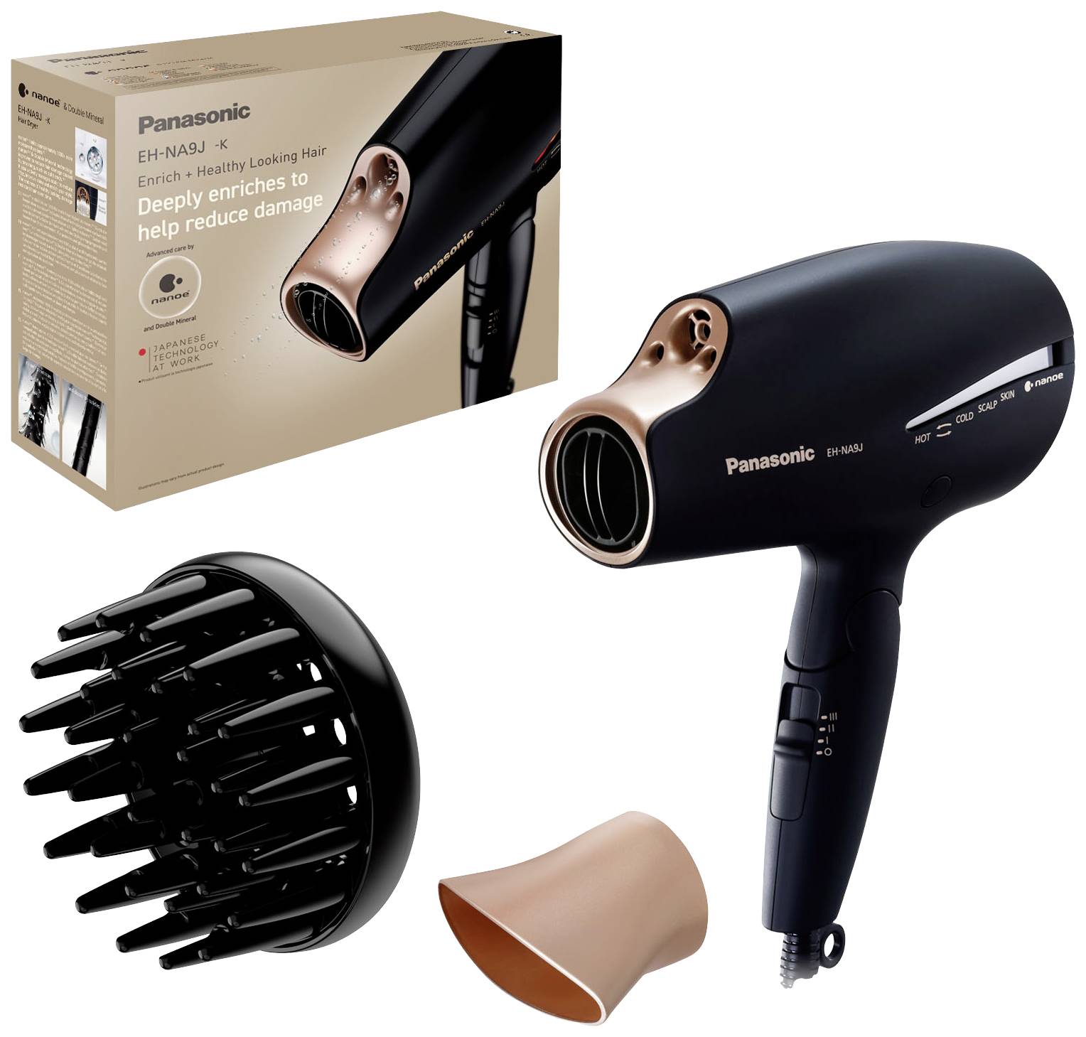 'Panasonic EH-NA9J' hair dryer in black with attachments. Packaging displays product image and text about hair care and damage reduction.
